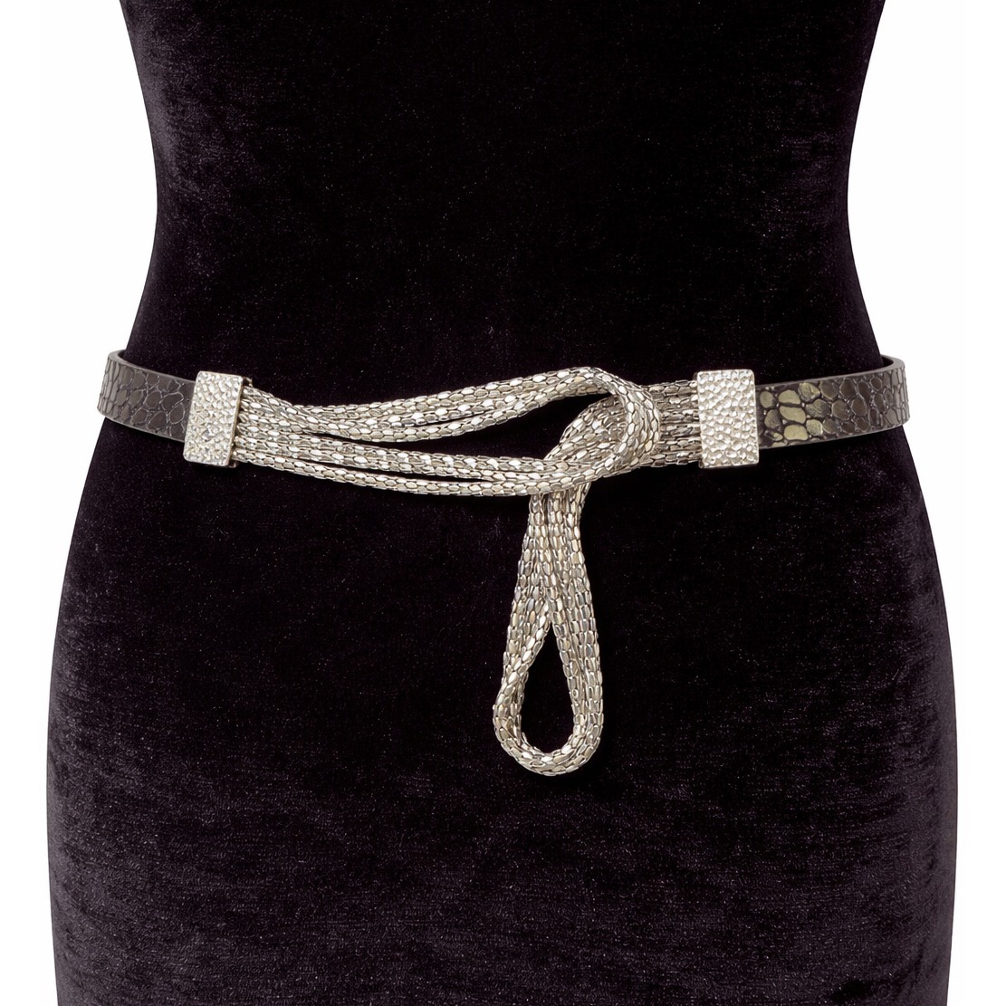 Lake Shore Drive Womens Liquid Silver Fashion Belt Sz Ml Black Textured Leather